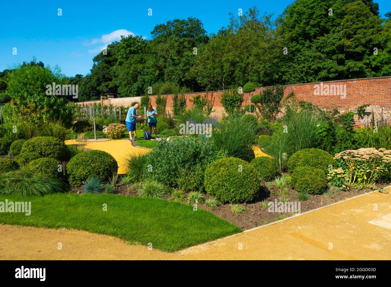Eine Familiengruppe im Sonnenschein durch die Buxussträucher im formellen Garten im Kirkleatham Walled Garden Stockfoto