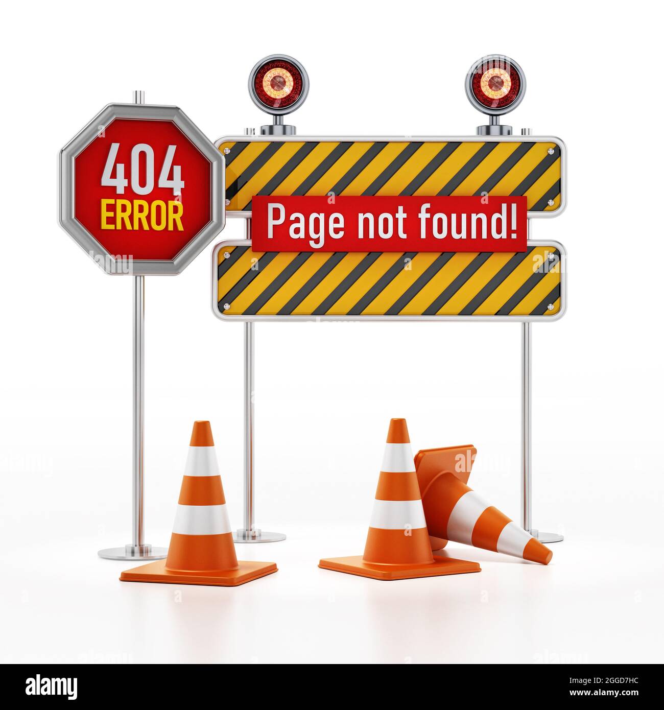 404 Webseite nicht gefunden Fehler Schild und Verkehr Kegel. 3D-Illustration. Stockfoto