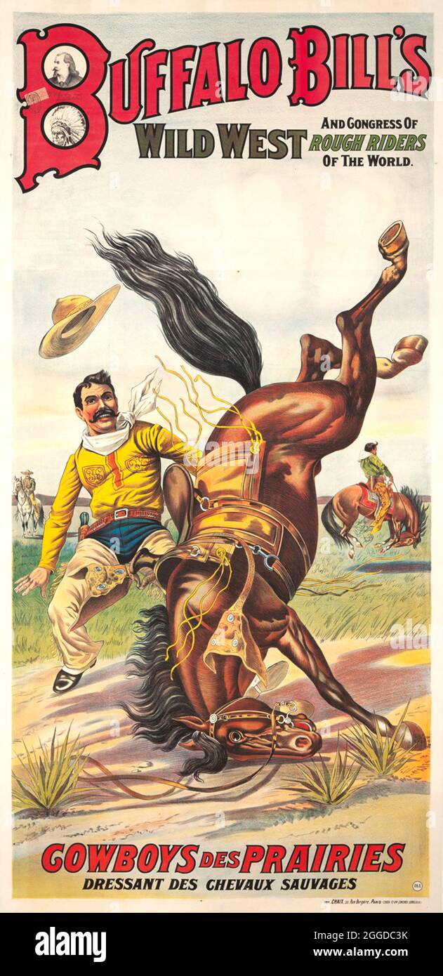 Klicken Sie auf das Vintage American Horse Show Poster - Buffalo Bill's Wild West - Cowboys of the Plainy. 1905. Stockfoto