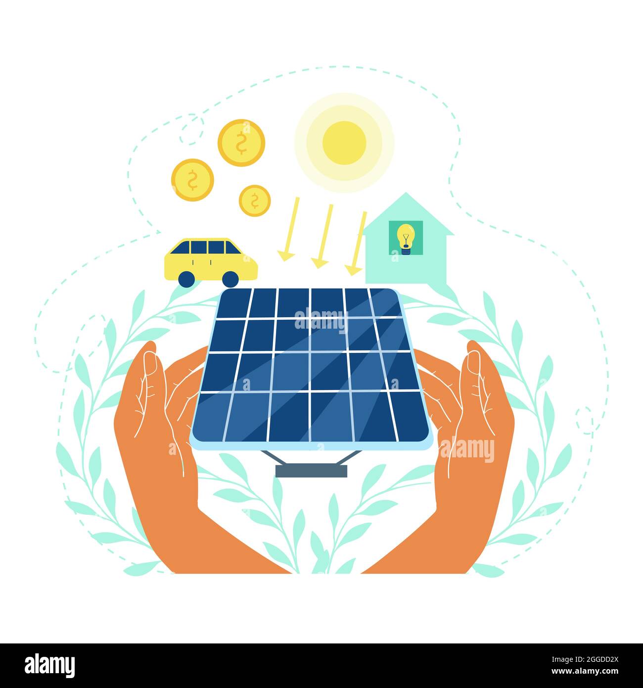 Menschliche Hände halten Solarpanel mit Dollar-Münze und Glühbirne an Solarpanel angeschlossen. Vektor-Illustration für das Konzept der Solarenergie Stock Vektor