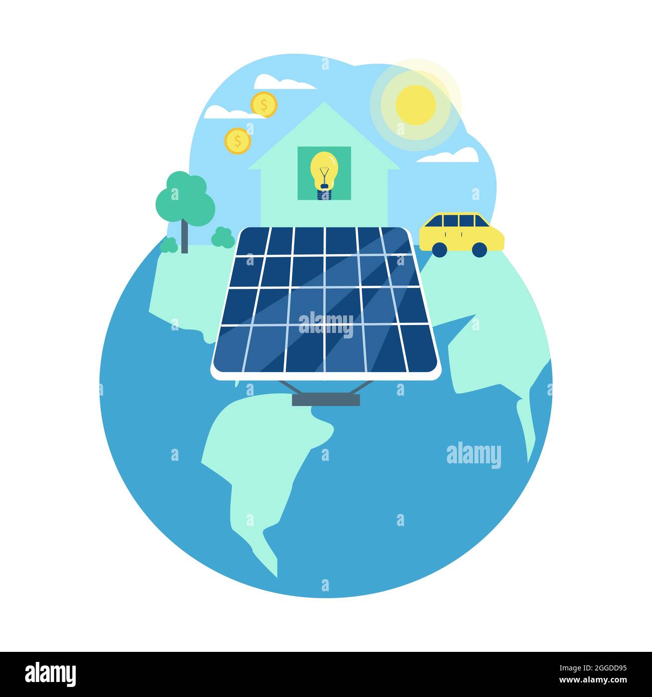 Investitionen in Solarzellen, Konzept des Stromverbrauchs mit Solarmodulen für Häuser und Autos, Vektor-Illustration in flachem Stil Stock Vektor
