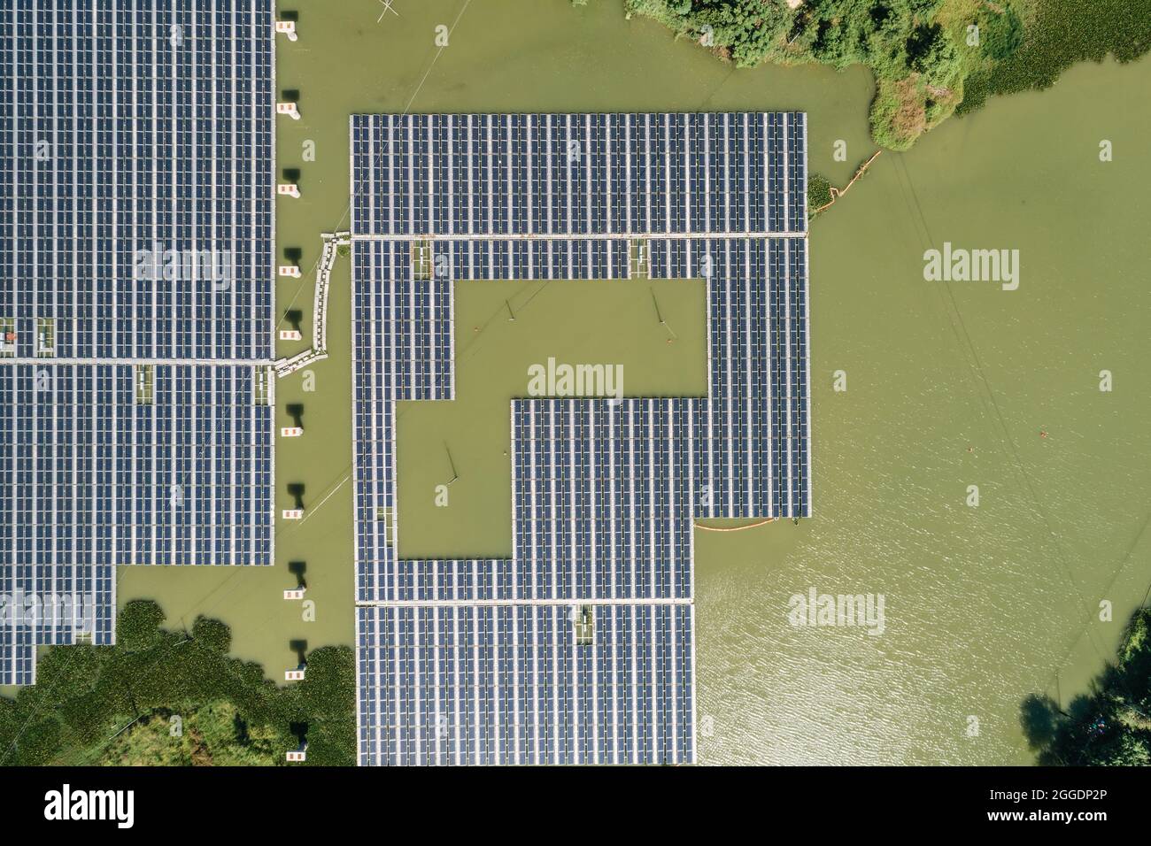 Luftbild von Photovoltaik-Solarzellen auf dem Wasser Stockfoto