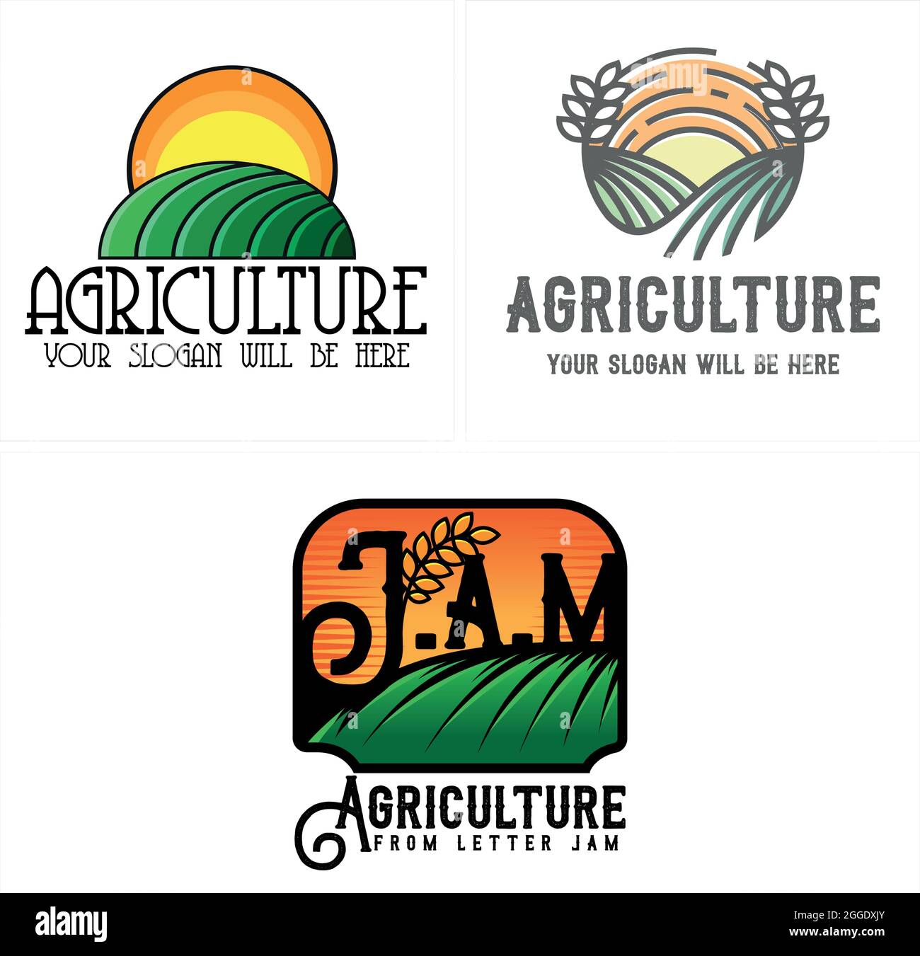 Landwirtschaft mit Grasblatt Landfeld und Sonne Logo-Design Stock Vektor