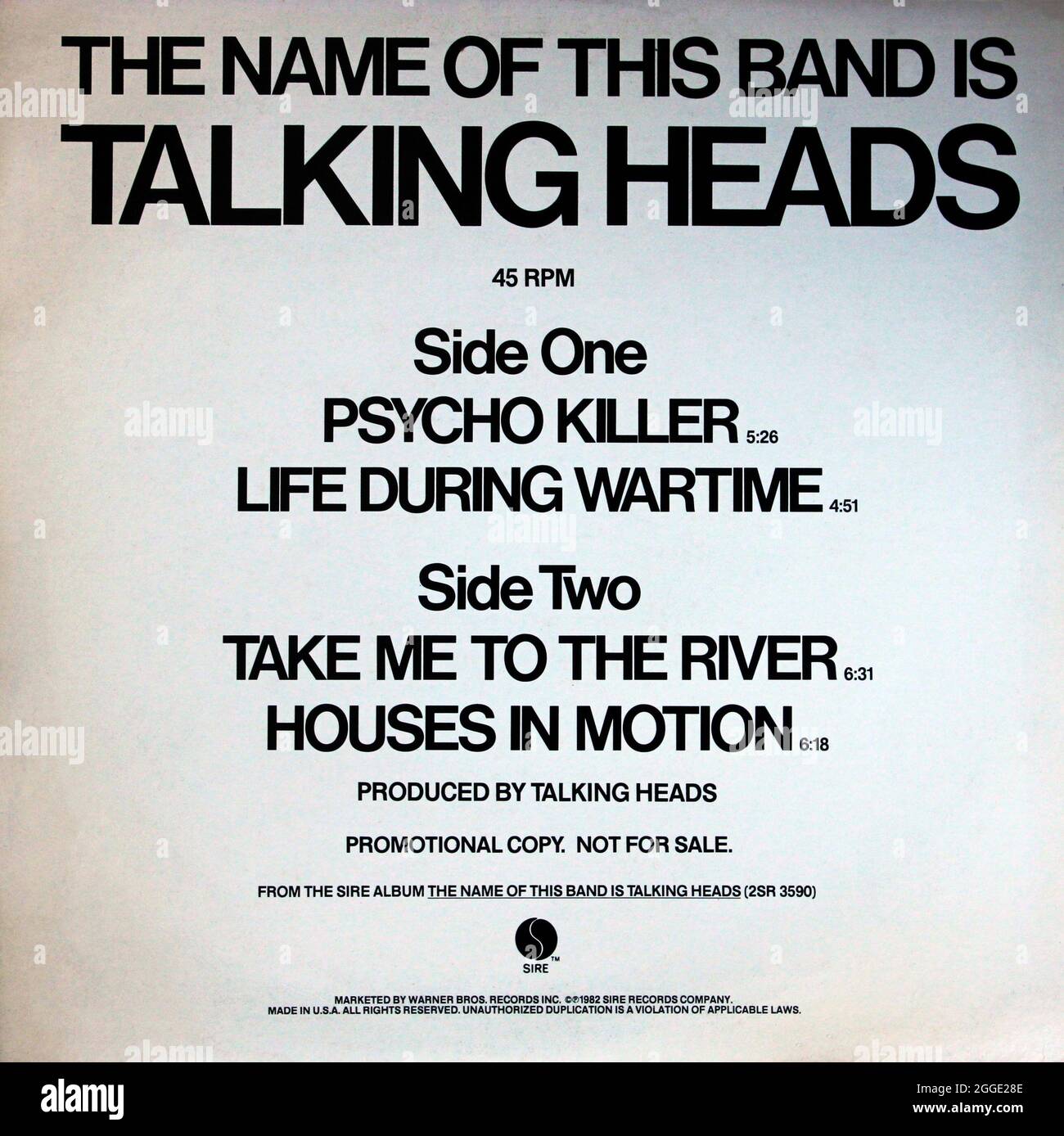 Talking Heads: 1982. 45 RPM EP Frontcover: 'Psycho Killer, etc..' Stockfoto