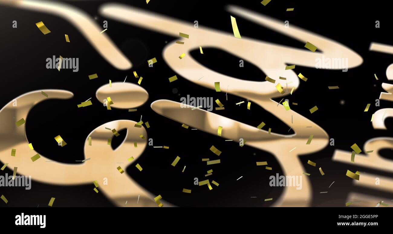 Bild des Textes eid mubarak mit Moschee, Mondsichel-Symbol und Konfetti in Gold auf Schwarz Stockfoto