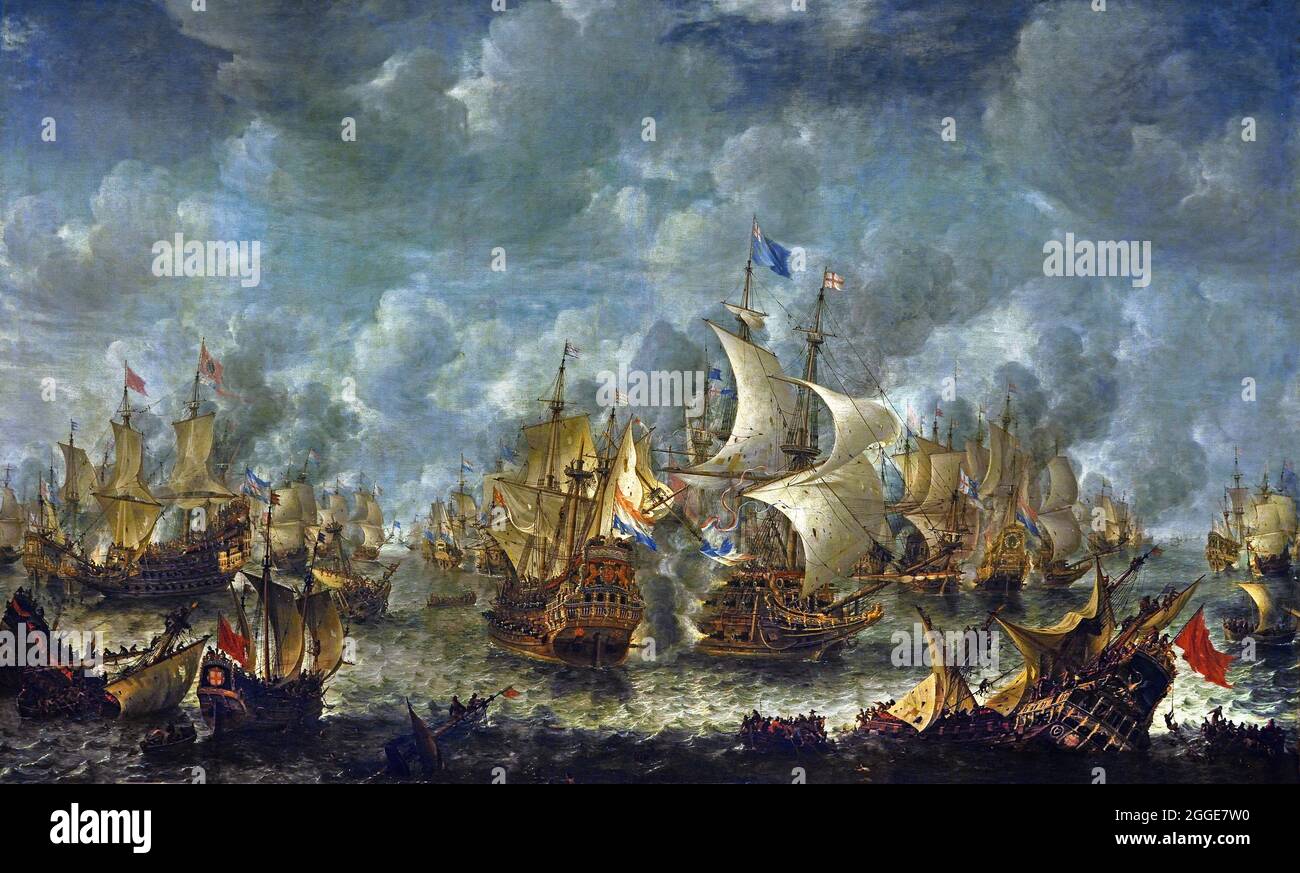 Die Schlacht von Terheide 10. August 1653 von Jan Abrahamsz. Beerstraten, 1653 - 1666 Niederländisch, Niederlande. (Krieg kämpfte mit England. . Zentrum des Gemäldes, das größte Schiff der niederländischen Flotte, Admiral Maerten Harpertsz Tromp's Brederode, Niederlande, Holland. Stockfoto