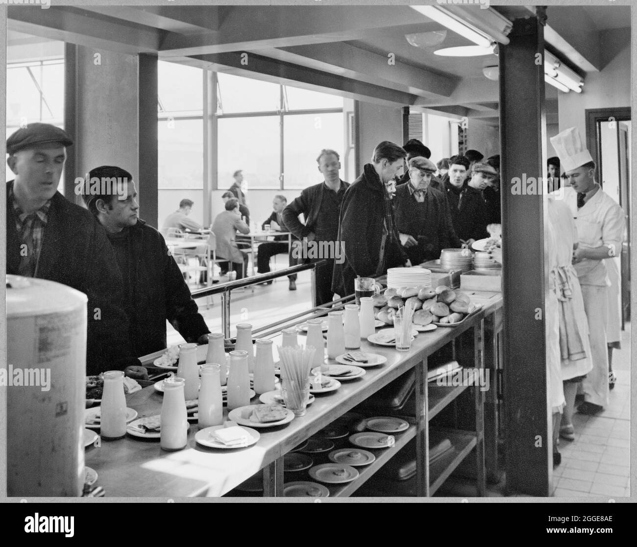 Die Mitarbeiter nutzen die Essensschalter in der neu errichteten Selbstbedienungscafeteria der Coryton Oil Refinery. Die Beschriftung unter diesem Albumdruck lautet: „die Mitarbeiter der Coryton Raffinerie in der Selbstbedienungscafeteria. In diesem attraktiven Neubau können 300 Mitarbeiter an einer Sitzung bedient werden. Consultants: The Lummus Company“. Stockfoto