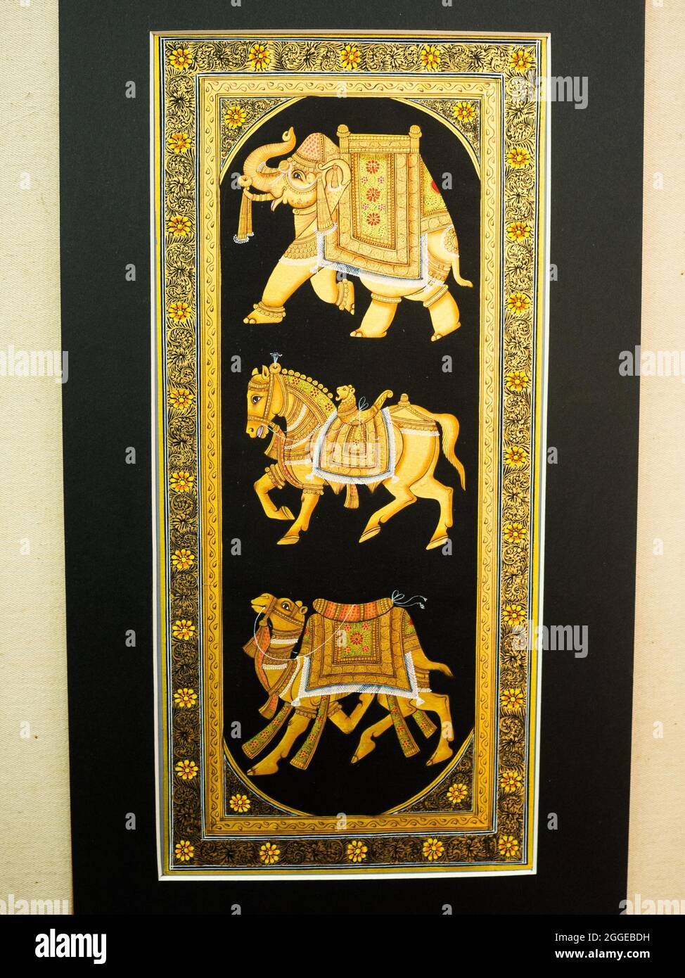 Elefant, Pferd, Kamel, traditionelle Miniaturmalerei, Udaipur, Rajasthan, Indien Stockfoto