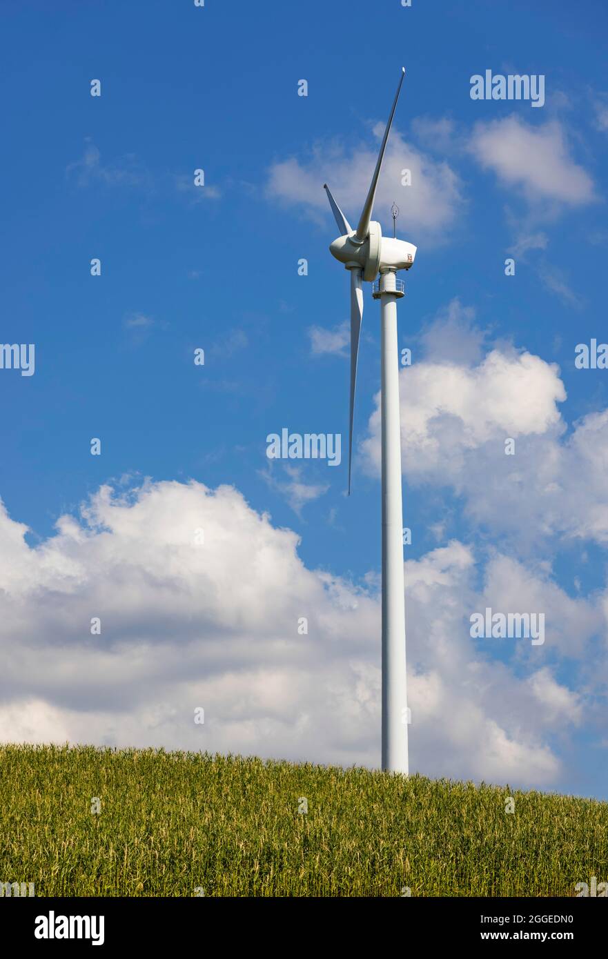Windenergie, Windturbine, Agrarlandschaft mit Windturbine bei Pramet im Innviertel, wolkig, Oberösterreich, Österreich Stockfoto