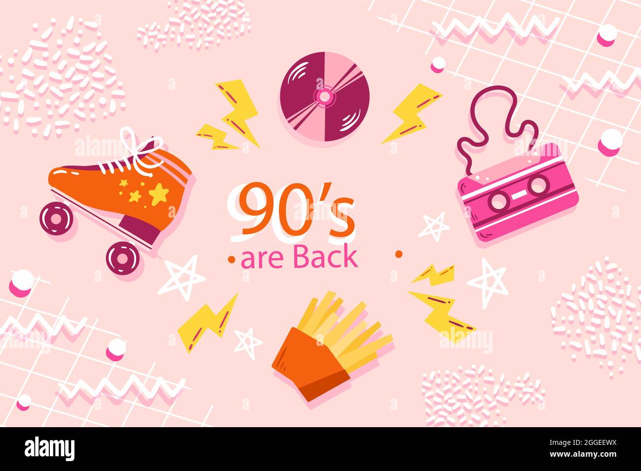Handgezeichnete nostalgische 90s Hintergrund Vektor-Illustration. Stock Vektor