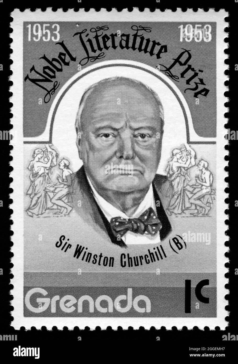 Briefmarkendruck in Grenada, Sir Winston Churchill, Nobel Stockfoto
