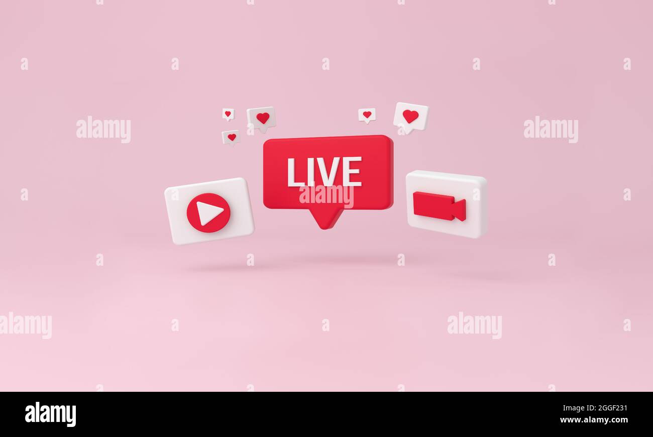Live-Blase, wie Herz, spielen und Video minimal Symbole auf rosa Hintergrund. 3d-Rendering. Stockfoto