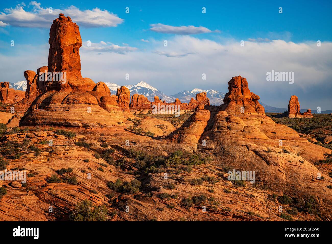 Red Rocks und Le Sal Mountains im Arches National Park Stockfoto