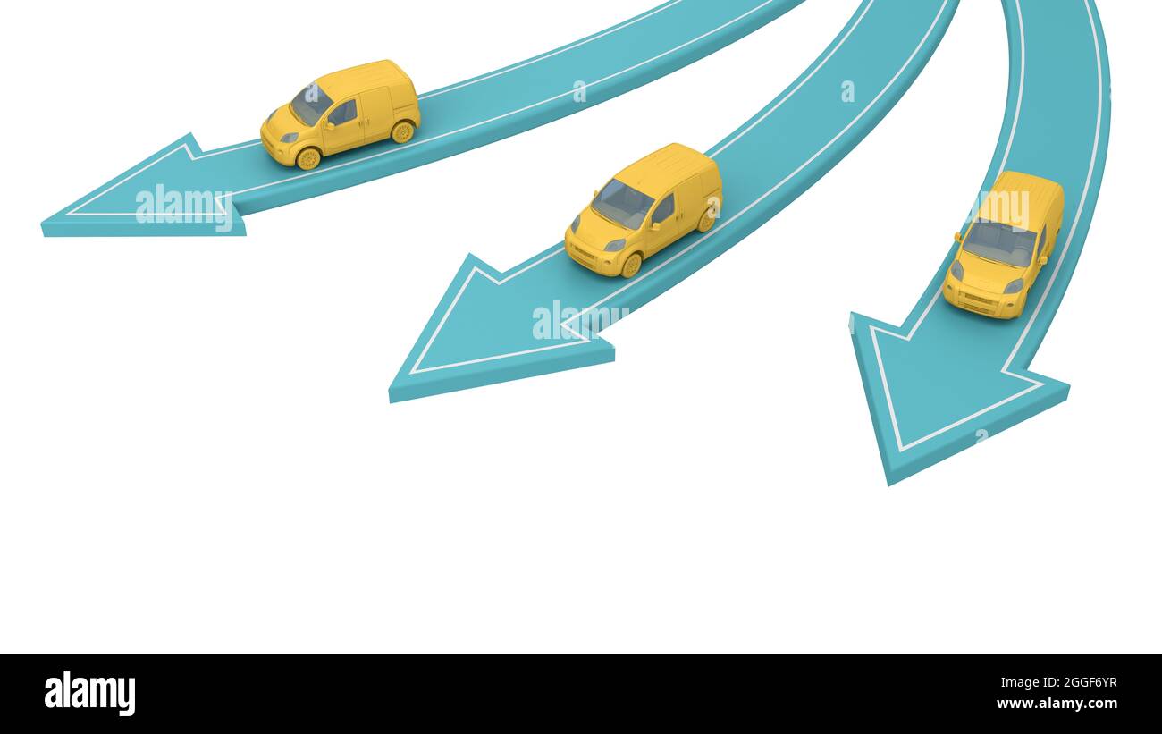 Drei gelbe Transporter fahren in verschiedenen Pfeilen isoliert auf weiß über der Ansicht. 3d-Rendering Stockfoto