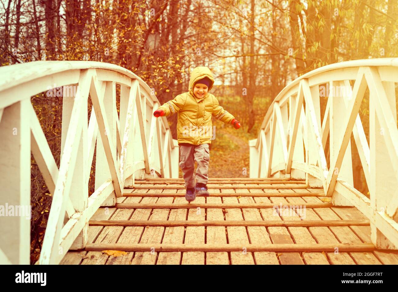 Kleine glückliche vier Jahre alten Jungen im Herbst Kleidung läuft und springt auf der Buckelbrücke Holzbrücke im Herbst Park. Flare Stockfoto