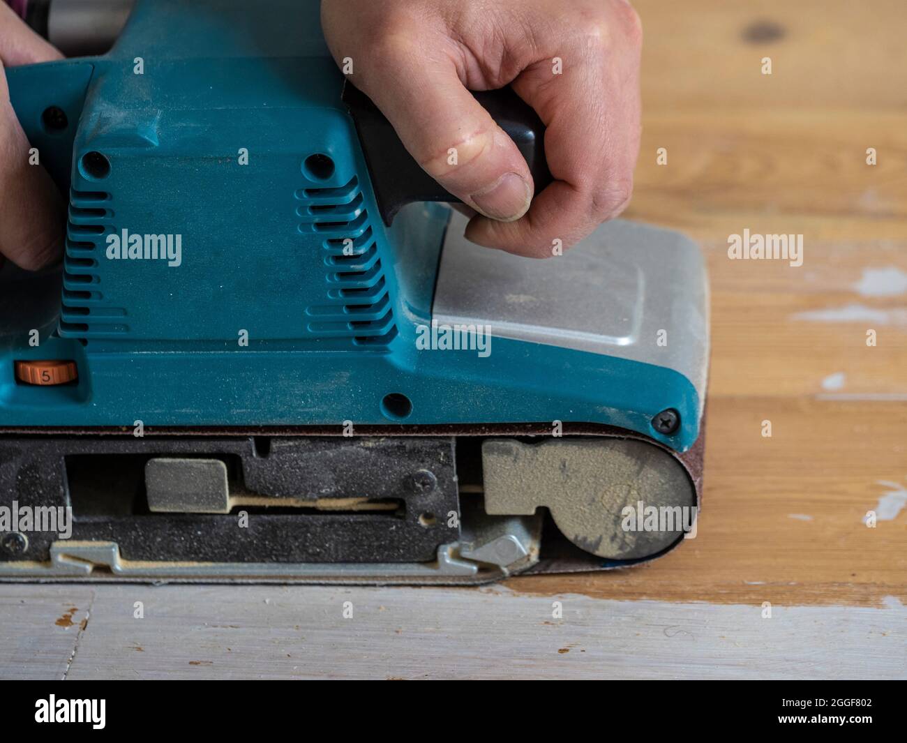 Nahaufnahme von kaukasischen männlichen Händen, die einen Bandschleifer bedienen, um weiße Farbe von einem Holzboden zu entfernen. Stockfoto
