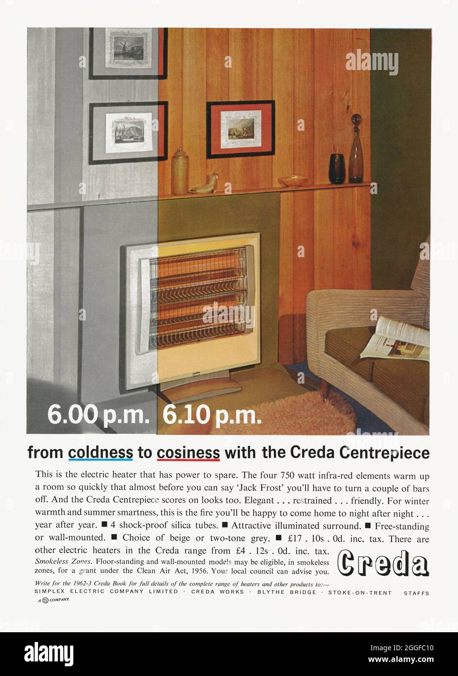 Ein Werbespot aus den 1960er Jahren für einen elektrischen Brand von Creda. Die Anzeige erschien in einer Zeitschrift, die im Oktober 1962 in Großbritannien veröffentlicht wurde. Das Foto zeigt mit einem Schwarz-Weiß-Abschnitt einen kalten Raum an und mit einem Farbabschnitt, der die innerhalb von 10 Minuten erhaltene Wärme anzeigt. Es betont auch die Eleganz der Feuerumrandung. Creda begann sein Leben als Creda TI (Tube Investments), eine Gruppe von Unternehmen, die schließlich zur TI Group wurde. Creda produzierte Mikrowellen, Waschmaschinen, Wäschetrockner, Herde, Backöfen und Kochfelder aus den Creda-Werken in Stoke-on-Trent, Staffordshire, England, Großbritannien – Vintage-Grafiken aus den 1960er Jahren. Stockfoto