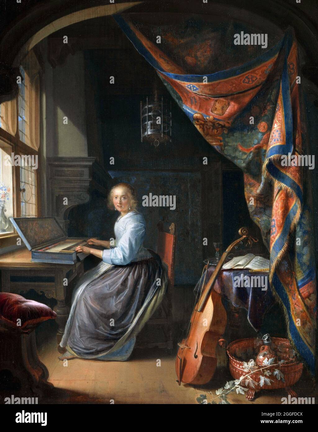 Eine Frau spielt ein Clavichord von Gerrit Dou (1613-1675), Öl auf Platte, c. 1665 Stockfoto
