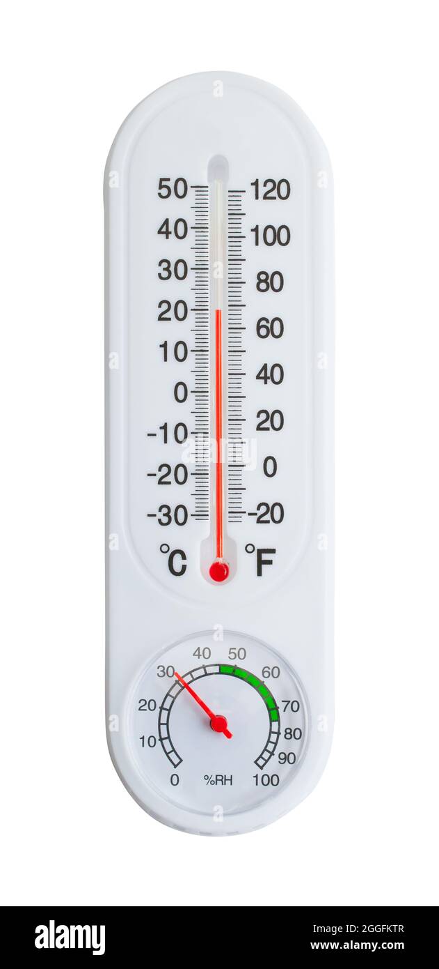 Außen-Wetter-Thermometer auf Weiß ausgeschnitten. Stockfoto