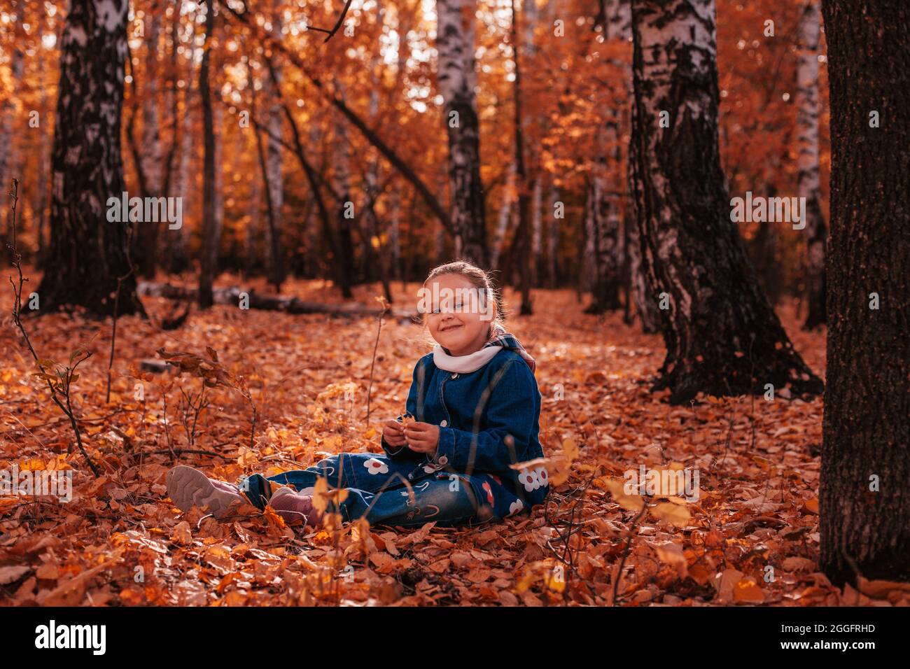 In voller Länge glücklich Kindheit Konzept. Lächelnd nettes kleines Mädchen in blauen Jeans Mantel und Jeans sitzen auf Boden mit gefallenen roten Blättern im Herbst bedeckt Stockfoto