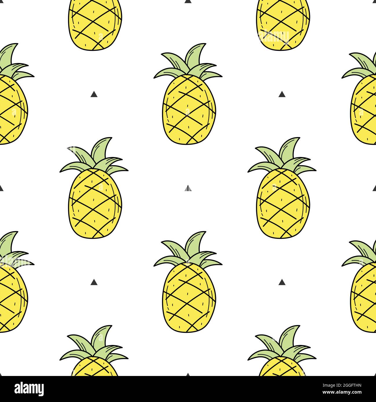 Nahtloses Muster aus gelber, handgezeichneter Ananas für Design. Endloses Muster auf weißem Hintergrund für Druck, Textil, Verpackung Stock Vektor