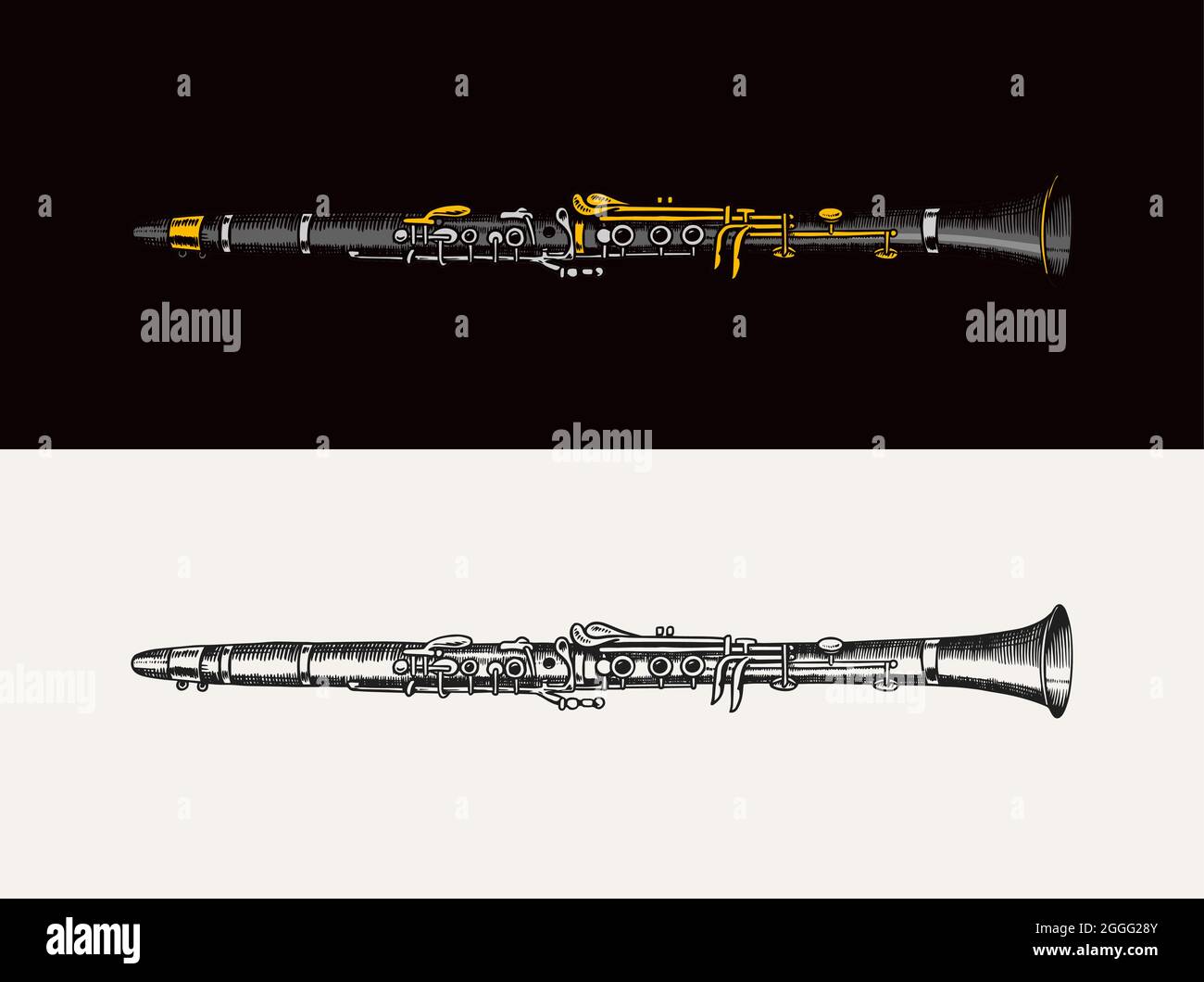 Jazz flute. Vector Illustration klassische wind Trompete. Musical Instrument in doodle Umrisse Stil. Hand gezeichnet monochrome graviert Skizze für Vintage Stock Vektor