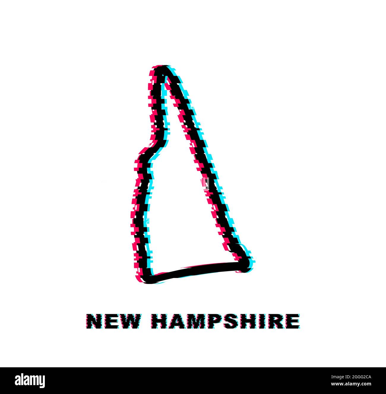 Glitch Karte von New Hampshire State Vereinigte Staaten von Amerika, New Hampshire Outline. Blau leuchtender Umriss. Vektorgrafik. Stock Vektor