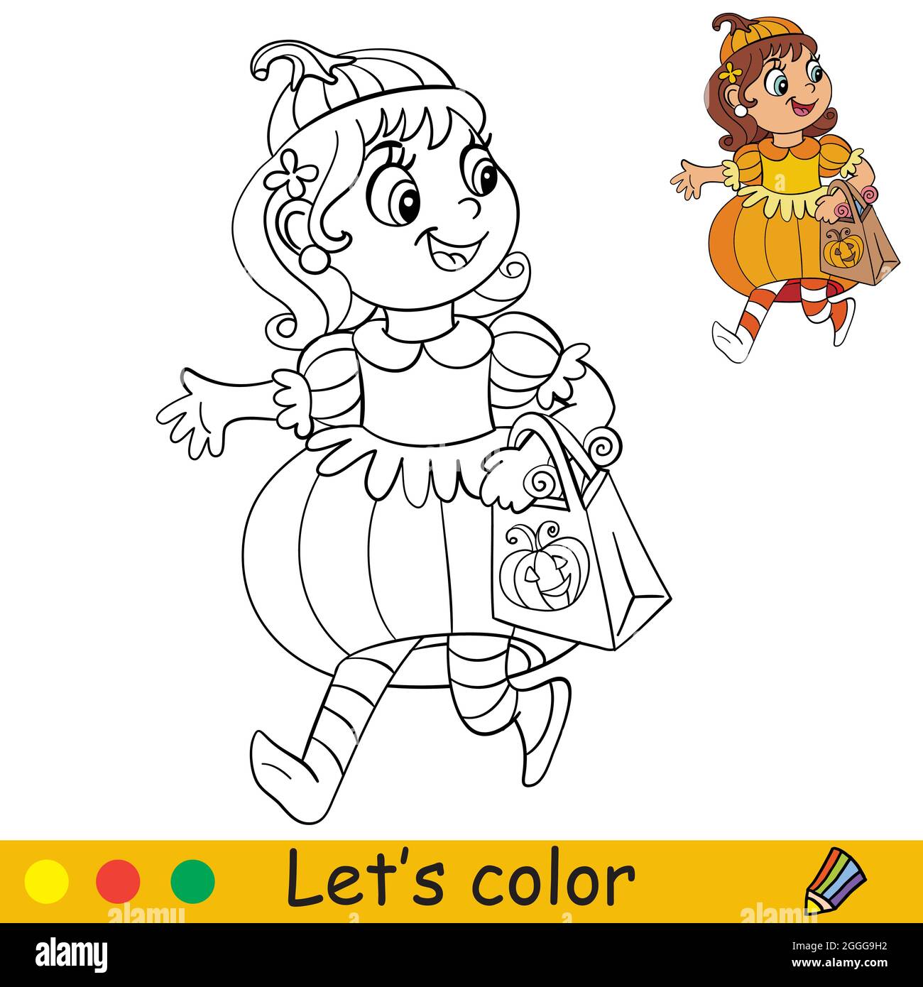 Lustige Mädchen im Kürbis Kostüm. Halloween-Konzept. Malbuch-Seite für Kinder mit farbenfroher Vorlage. Vektorgrafik Cartoon-Illustration. Für den Druck, Druck Stock Vektor