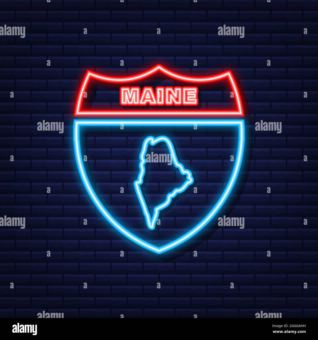 Neonkarte von Maine State Vereinigte Staaten von Amerika, Alabama Umriss. Blau leuchtender Umriss. Vektorgrafik. Stock Vektor