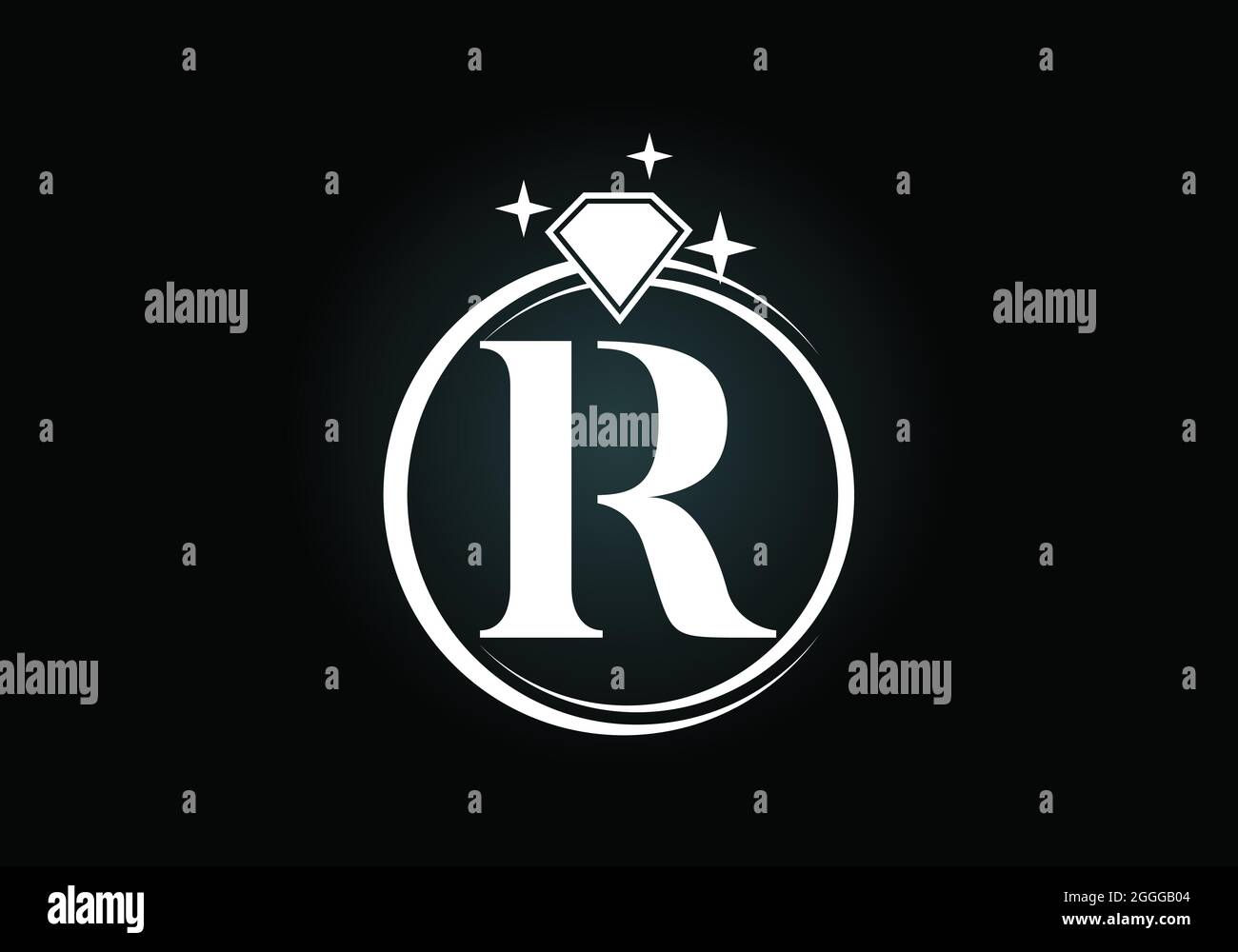 Initial R Monogramm Buchstaben Alphabet in einem Kreis mit Diamant. Logo Mit Diamantring. Schmucklogo Designkonzept. Modernes Vektorlogo für Unternehmen Stock Vektor