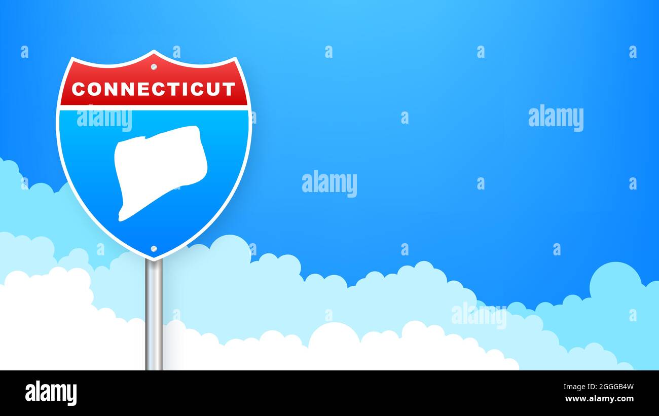 Karte von Connecticut auf dem Straßenschild. Willkommen im Bundesstaat
