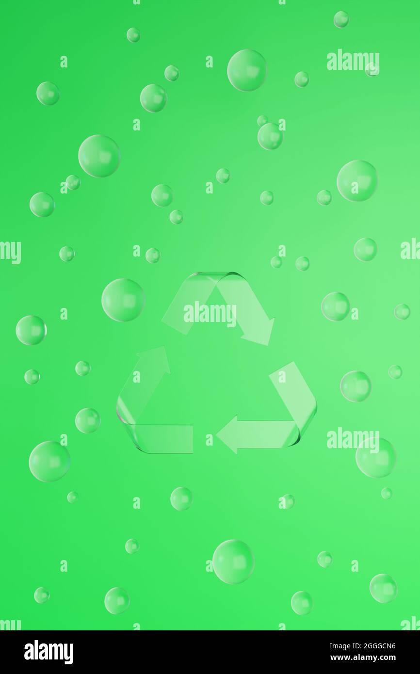 Sign Reduzieren, wiederverwenden, Recycling auf grünem Hintergrund mit Glaskugeln. 3d-Rendering-Eco-Illustration. Stockfoto