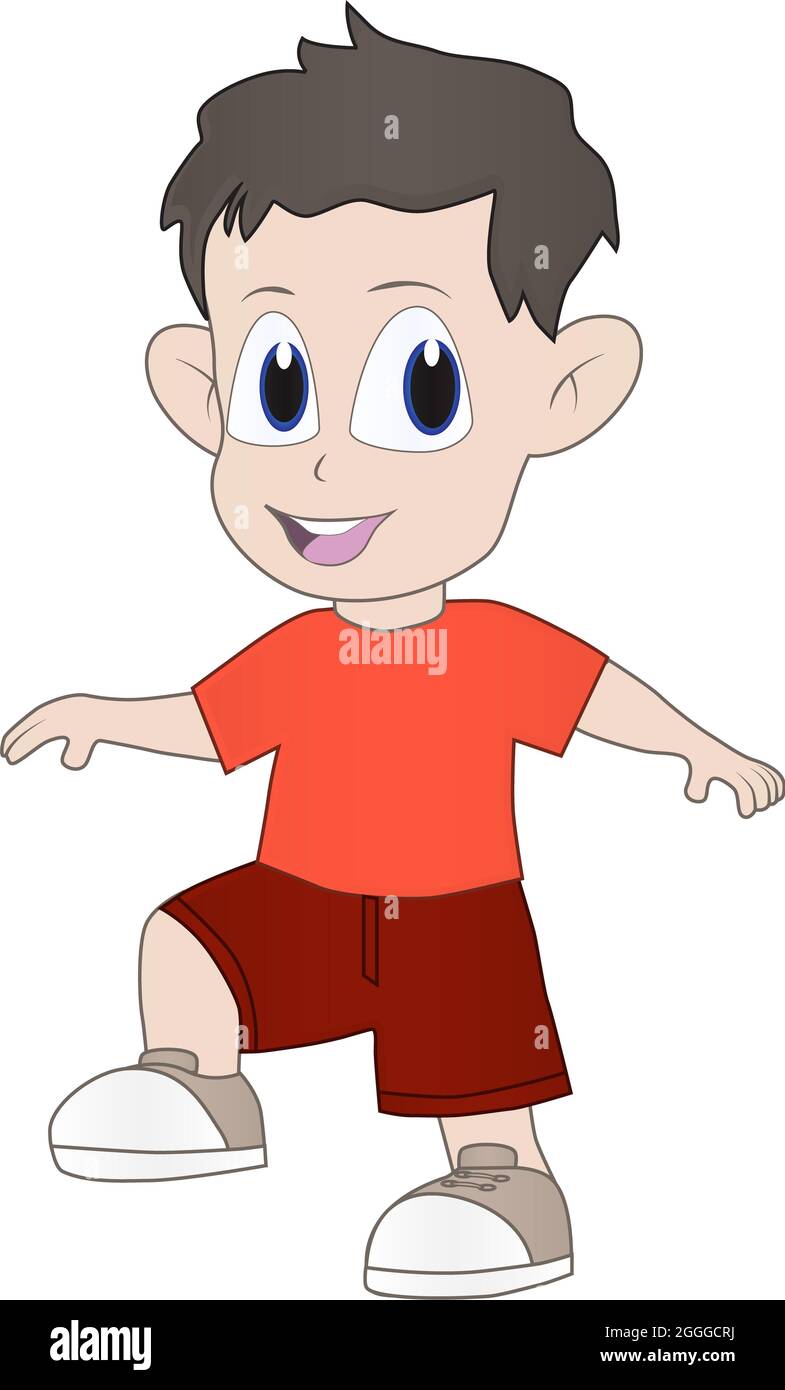 Cartoon-Illustration eines freundlichen kleinen Jungen, der fröhlich geht Stockfoto