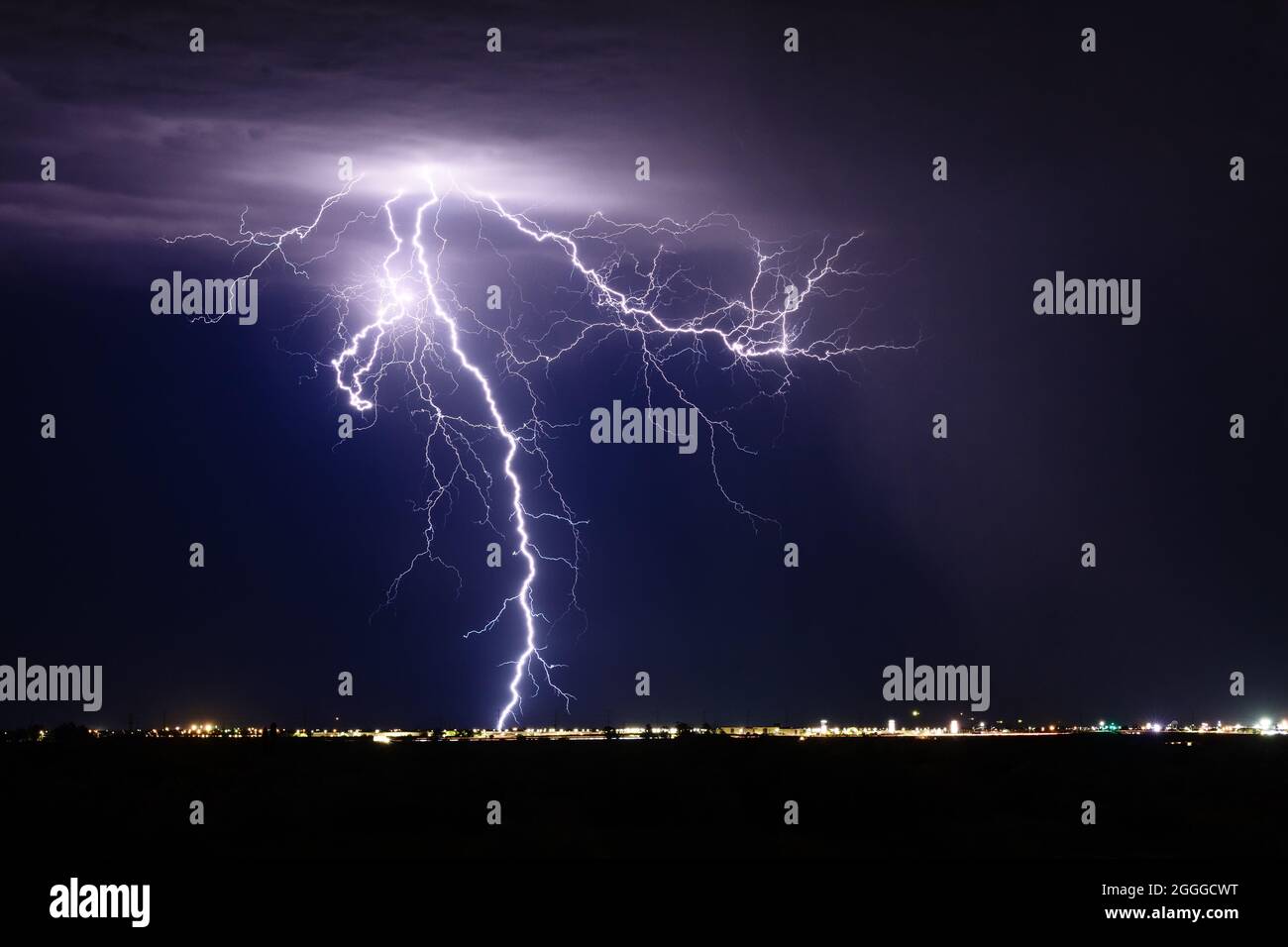 Ein lebhafter Blitzschlag in einem Monsun-Gewitter über Phoenix, Arizona Stockfoto