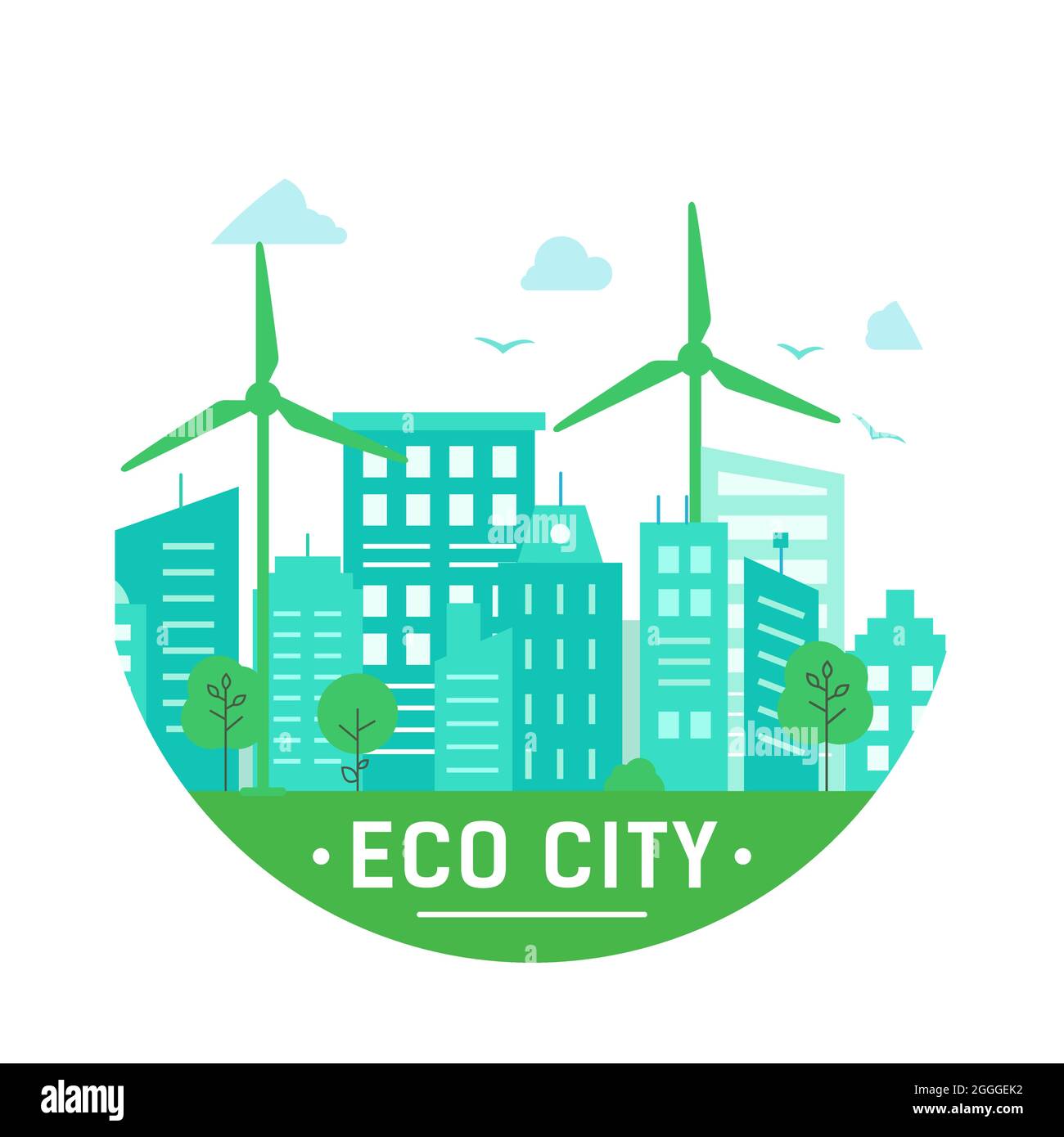 Öko-Stadt. Design mit grünen Gebäuden und Windmühlen im Kreis. Umweltfreundlich, Stock Vektor