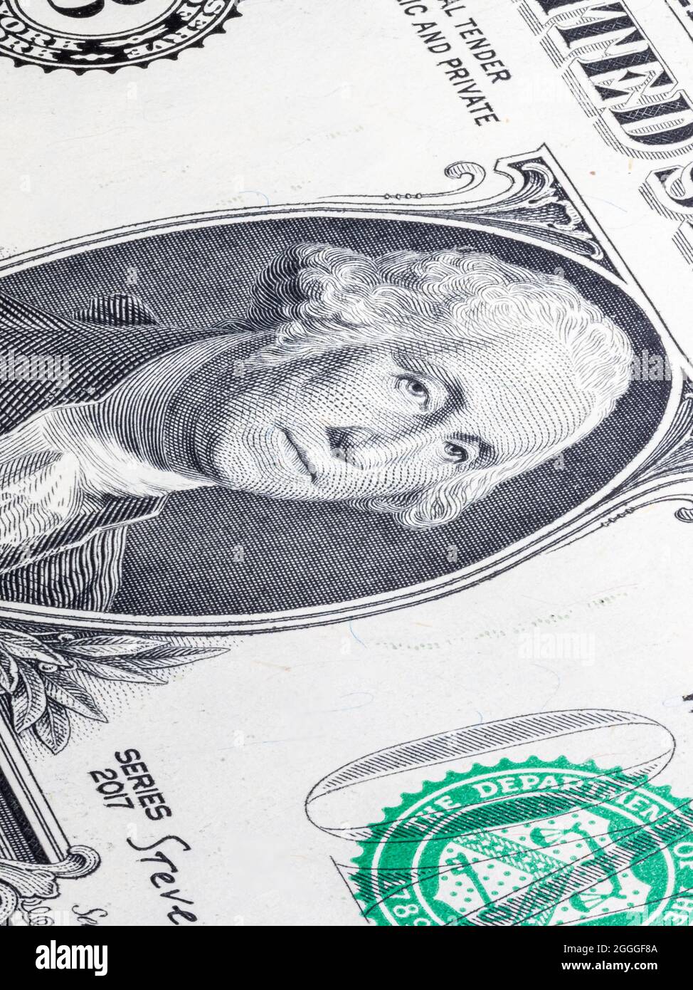 Makro-Nahaufnahme der Designfläche von 1-Dollar-Scheinen. Banknoten der Vereinigten Staaten von Amerika. Hintergrundbild Hintergrundgeld. Detaillierte Nahaufnahme der Währung. Stockfoto