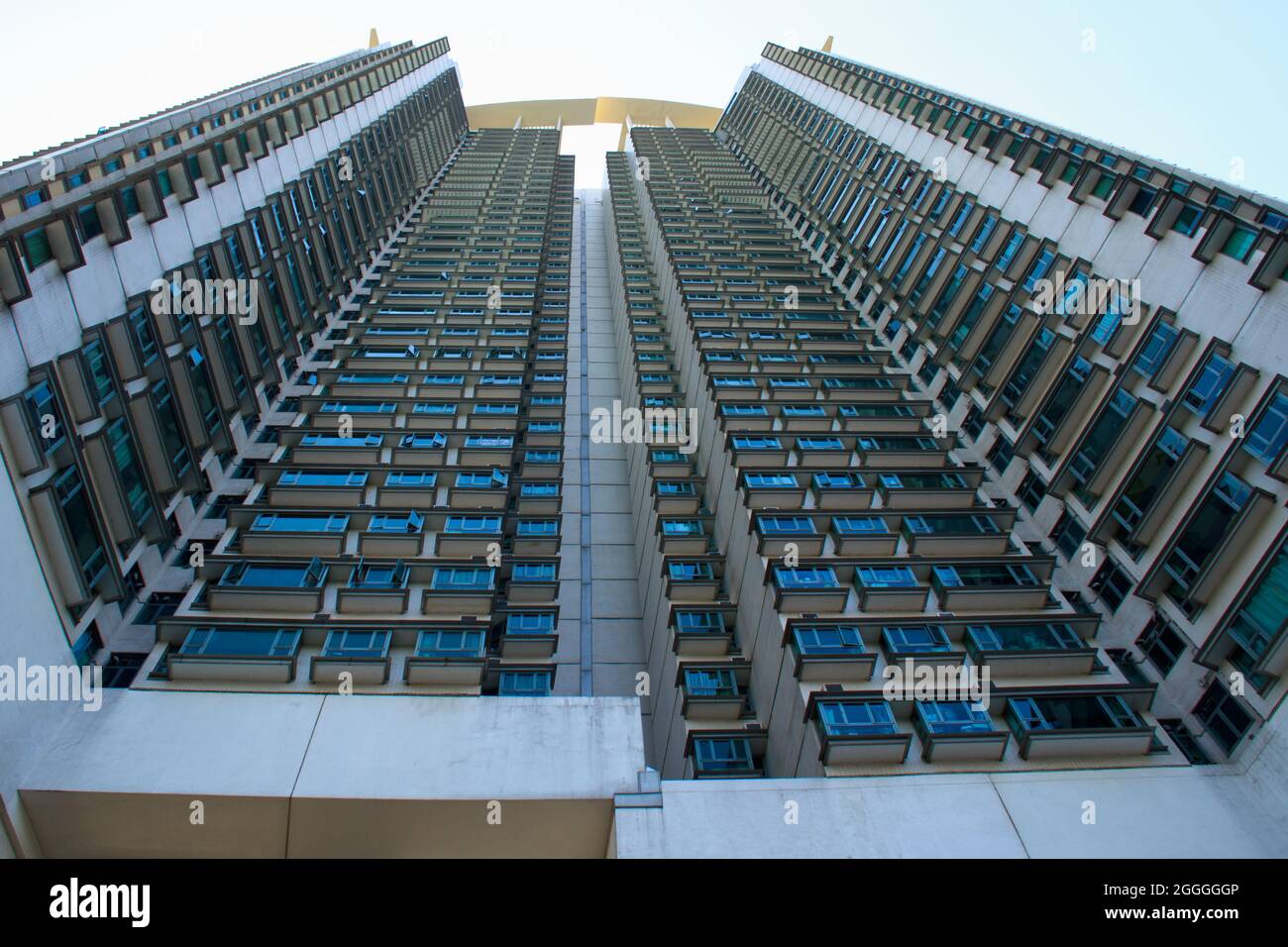 Symmetrie und Brutalität im Mehrgeschosswohnturm in Hongkong, China Stockfoto
