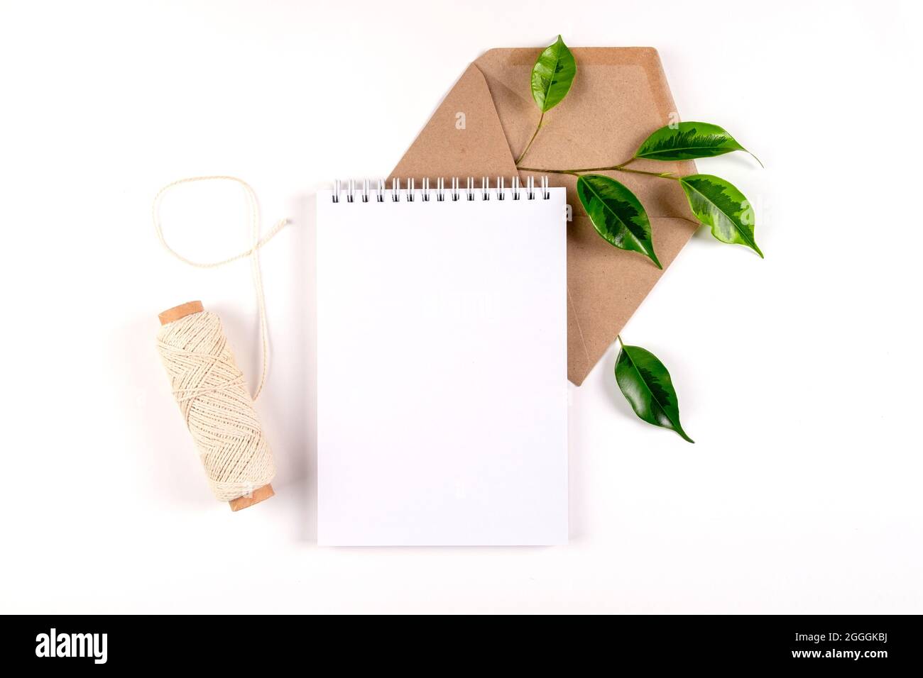 Notizbuch, Umschlag aus recyceltem Papier und Spule aus einfachem grobem Faden liegen auf weißer Oberfläche mit einem Zweig grüner Pflanze. Ökologie-Konzept, recyclebar, nein war Stockfoto