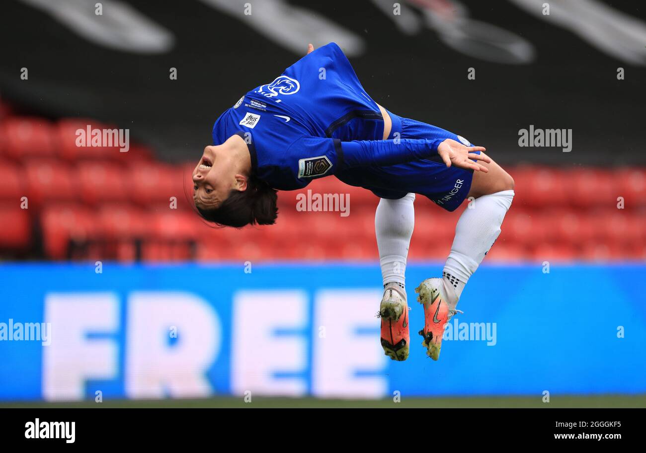 Fileboto vom 14-03-2021 von Chelseas Sam Kerr feiert das zweite Tor seiner Seite. Ausgabedatum: Mittwoch, 1. September 2021. Stockfoto