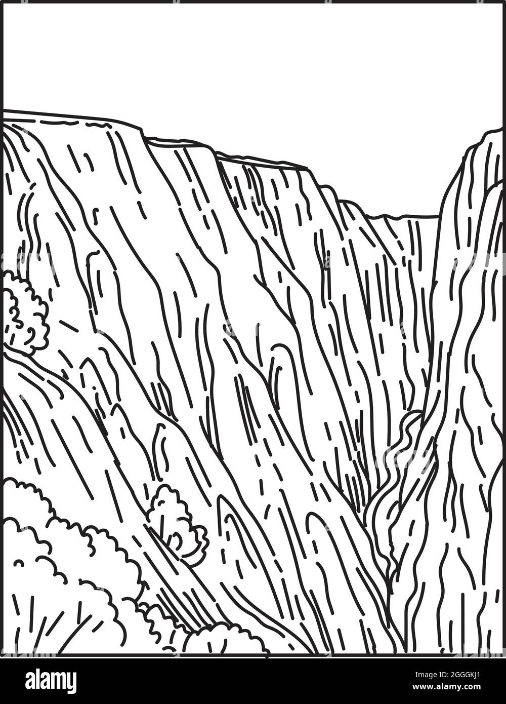 Monoline-Illustration des Black Canyon des Gunnison National Park im Westen von Colorado, USA, im Retro-Schwarz-Weiß-Monoline-Stil Stock Vektor