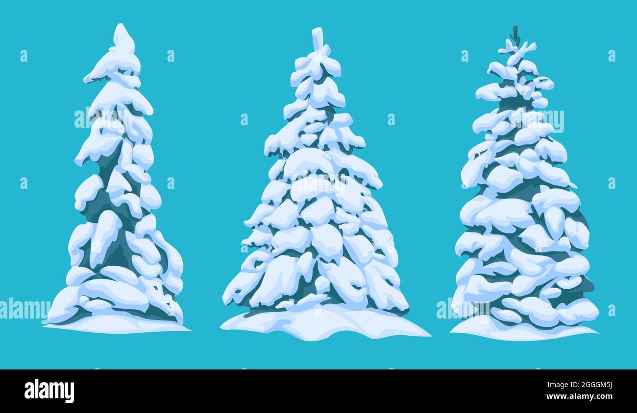 Eine Reihe von verschiedenen schneebedeckten Weihnachtsbäumen im Stil eines Zeichentrickfilms für eine Landschaft. Vektorgrafik. Stock Vektor