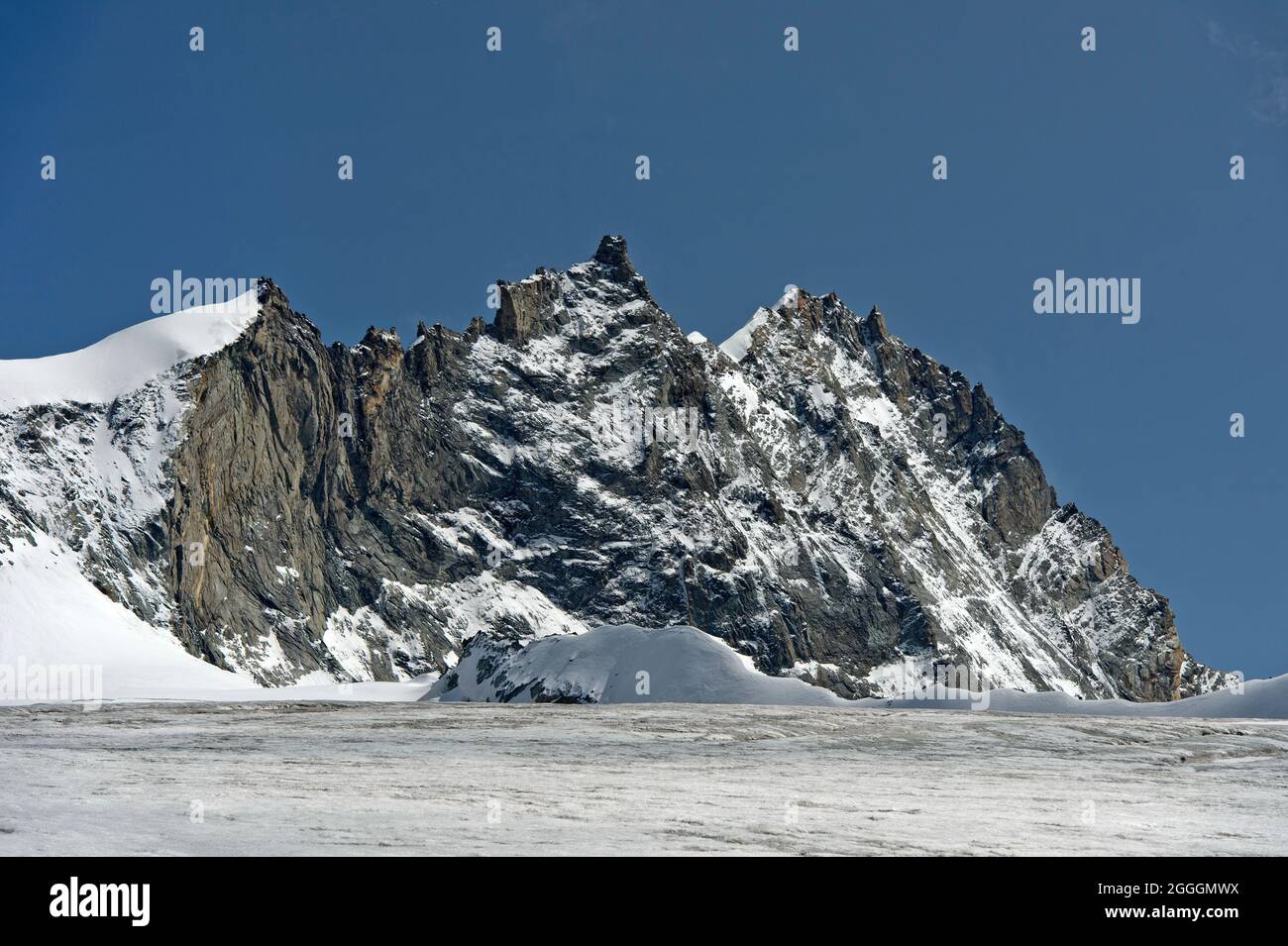 Der Weisshorn-Gipfel mit der Grand Gendarme über dem Turtman-Gletscher, Zinal, Val d’Anniviers, Wallis, Schweiz Stockfoto