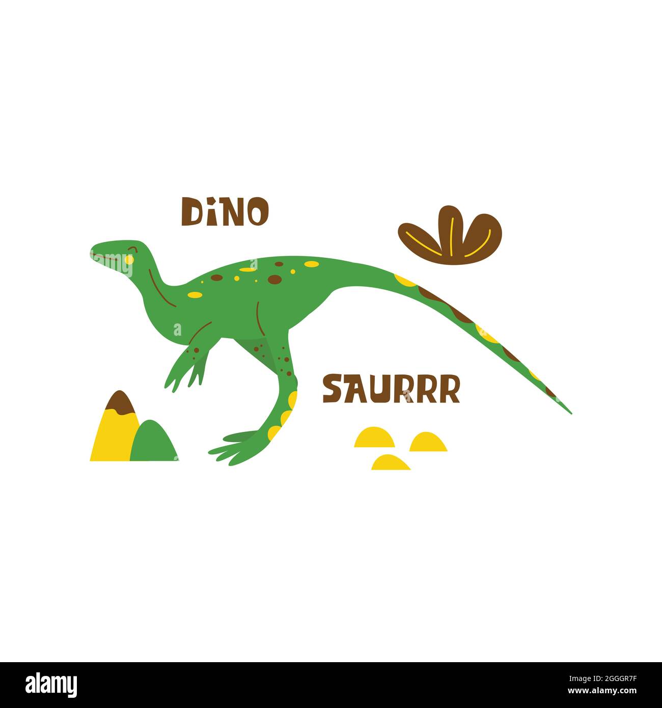 Dinosaurier Gallimimus. Großes allesfressendes Tier, ausgestorbenes altes Reptil, Jurazeit. Drucken. Bunte Vektor isolierte Illustration von Hand gezeichnet. Weiß Stock Vektor