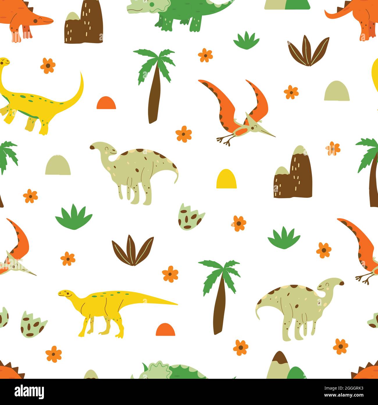 Nahtloses Muster Dinosaurier parasaurolophus und gallimimus, Pterosaurier und Triceratops, Stegosaurus und Hadrosaurus. Omnivores Tier, ausgestorben alt Stock Vektor