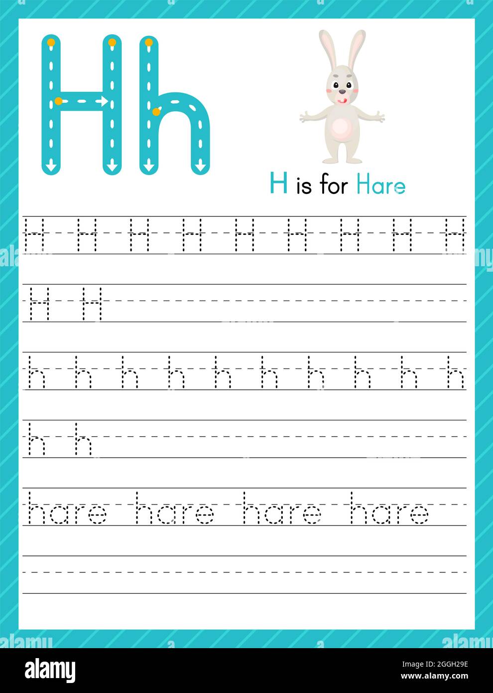 Trace-Buchstabe H in Groß- und Kleinbuchstaben. Alphabet Tracing Praxis Vorschule Arbeitsblatt für Kinder Englisch lernen mit niedlichen Cartoon Tier. Aktivität pag Stock Vektor