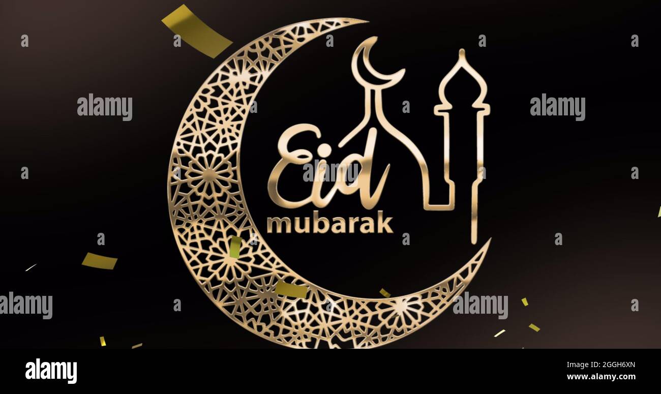 Bild des Textes eid mubarak mit Moschee, Mondsichel-Symbol und Konfetti in Gold auf Schwarz Stockfoto