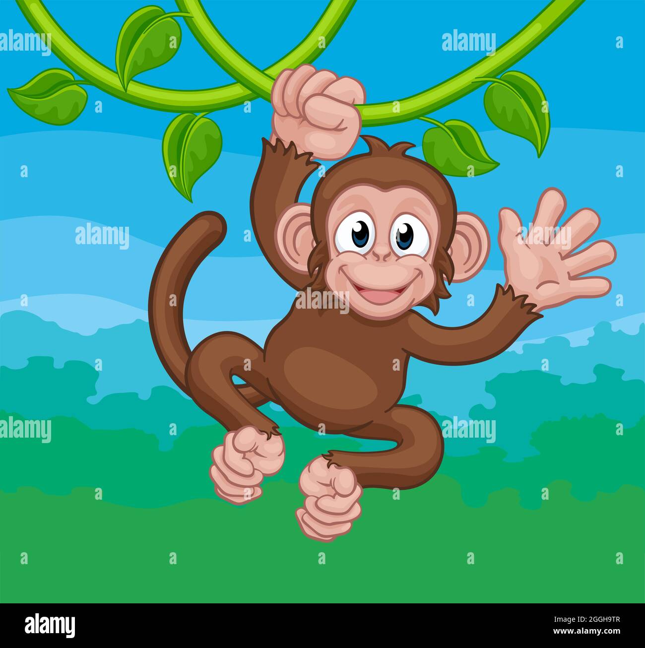 Affen Singen Auf Jungle Vines Winken Cartoon Stock Vektor