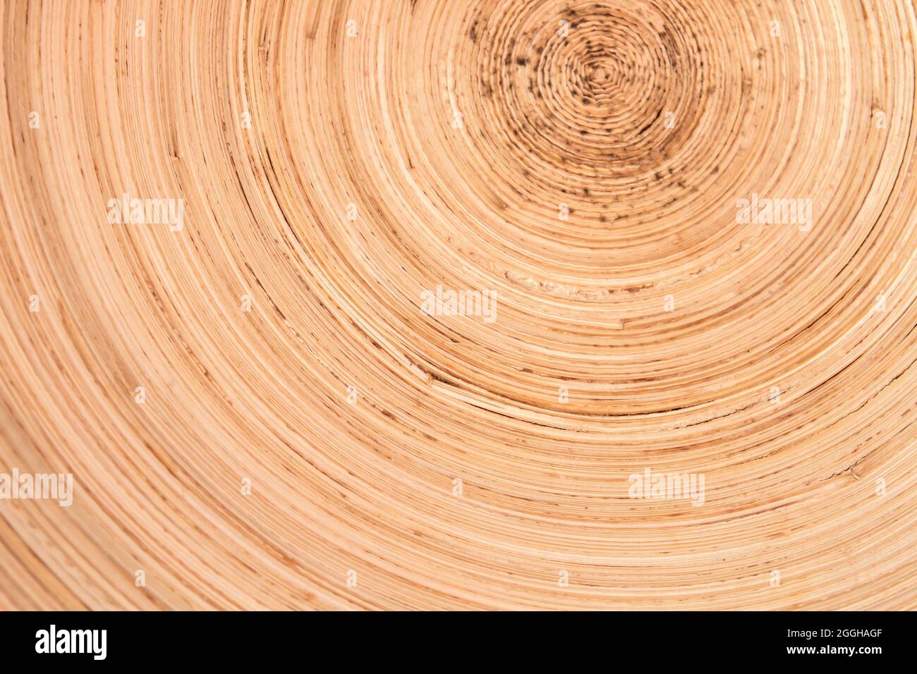 Detail der natürlichen umweltfreundlichen Schale aus Pflanzenfasern mit Spiralmuster in Nahaufnahme, Draufsicht Stockfoto