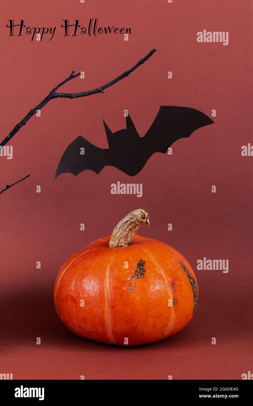 Halloween gruseliges Symbol der Vampir Fledermaus Silhouette vor braunem Hintergrund Stockfoto