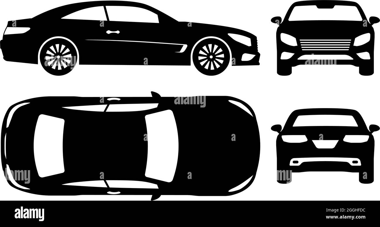 Sportwagen Silhouette auf weißem Hintergrund. Fahrzeugsymbole Ansicht von der Seite, vorne, hinten, oben Stock Vektor